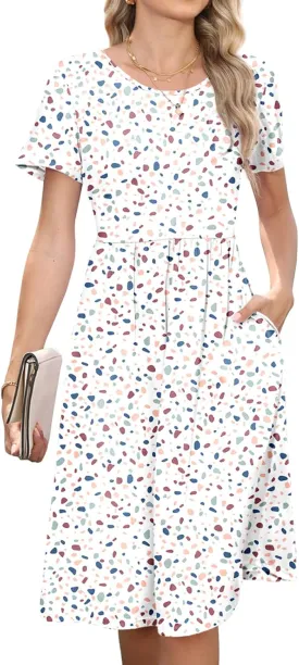 Women's Empire Waist Pleated Dress Flowy Casual Knee Length Short Sleeve Dresses with Pockets 2025