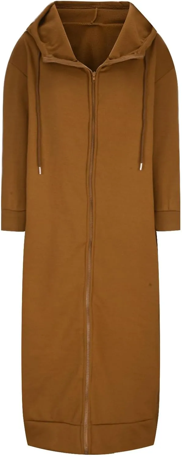 Womens Fashion Zip Up Jackets Ankle Length Hooded Coat Long Sleeve Drawstring Slouchy Novelty Loose Comfy Hoodies