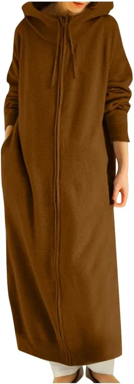 Womens Fashion Zip Up Jackets Ankle Length Hooded Coat Long Sleeve Drawstring Slouchy Novelty Loose Comfy Hoodies