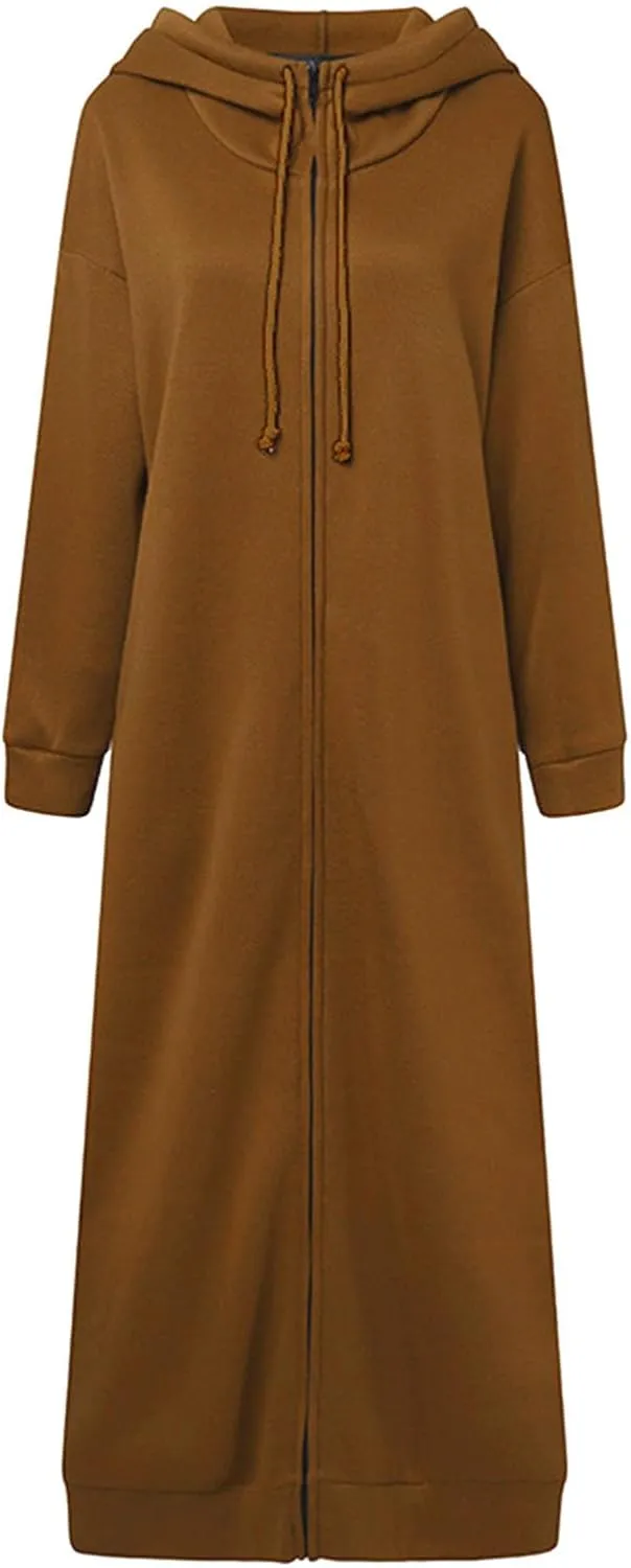 Womens Fashion Zip Up Jackets Ankle Length Hooded Coat Long Sleeve Drawstring Slouchy Novelty Loose Comfy Hoodies