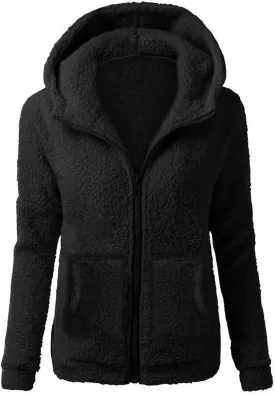 Womens Fuzzy Fleece Basic Hooded Jackets Fall Winter Zip up Warm Outerwear Coats Loose Sherpa Jacket with Pockets