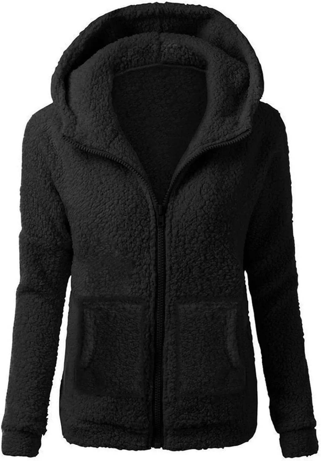 Womens Fuzzy Fleece Basic Hooded Jackets Fall Winter Zip up Warm Outerwear Coats Loose Sherpa Jacket with Pockets