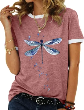 Women's Graphic Tees Casual Summer Funny Dragonfly Printed Short Sleeve Cute T Shirts Tops