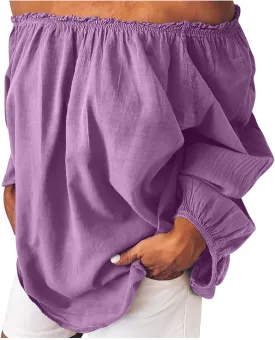Women's Off The Shoulder Tops Shirred Neck Long Sleeve Flowy Cotton Linen Blend Blouses Shirts Beach Tops