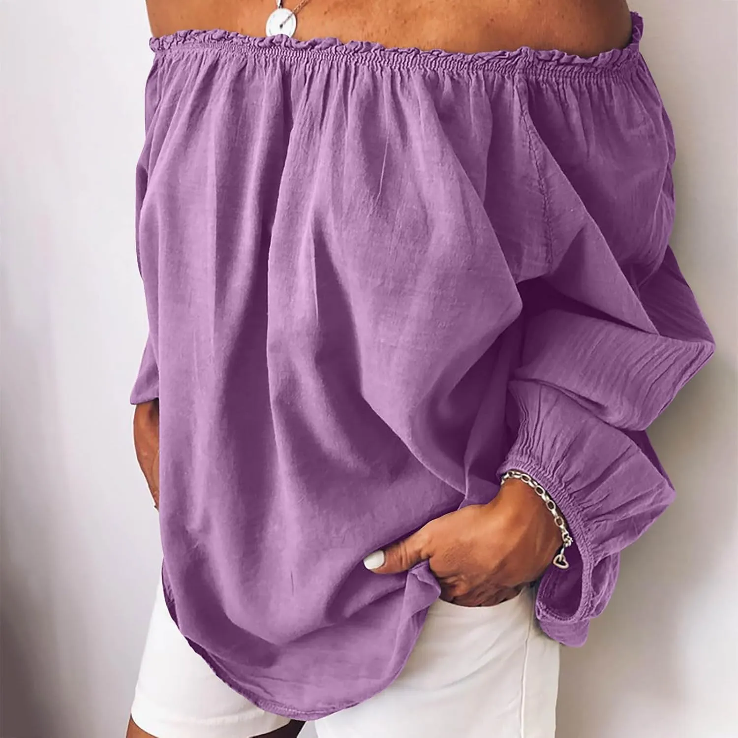 Women's Off The Shoulder Tops Shirred Neck Long Sleeve Flowy Cotton Linen Blend Blouses Shirts Beach Tops