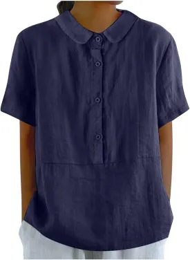 Women's Peter Pan Collar Short Sleeves Cotton Linen Shirt Tops Button Work Blouse Teen Girls Casual Loose Tunic Shirts
