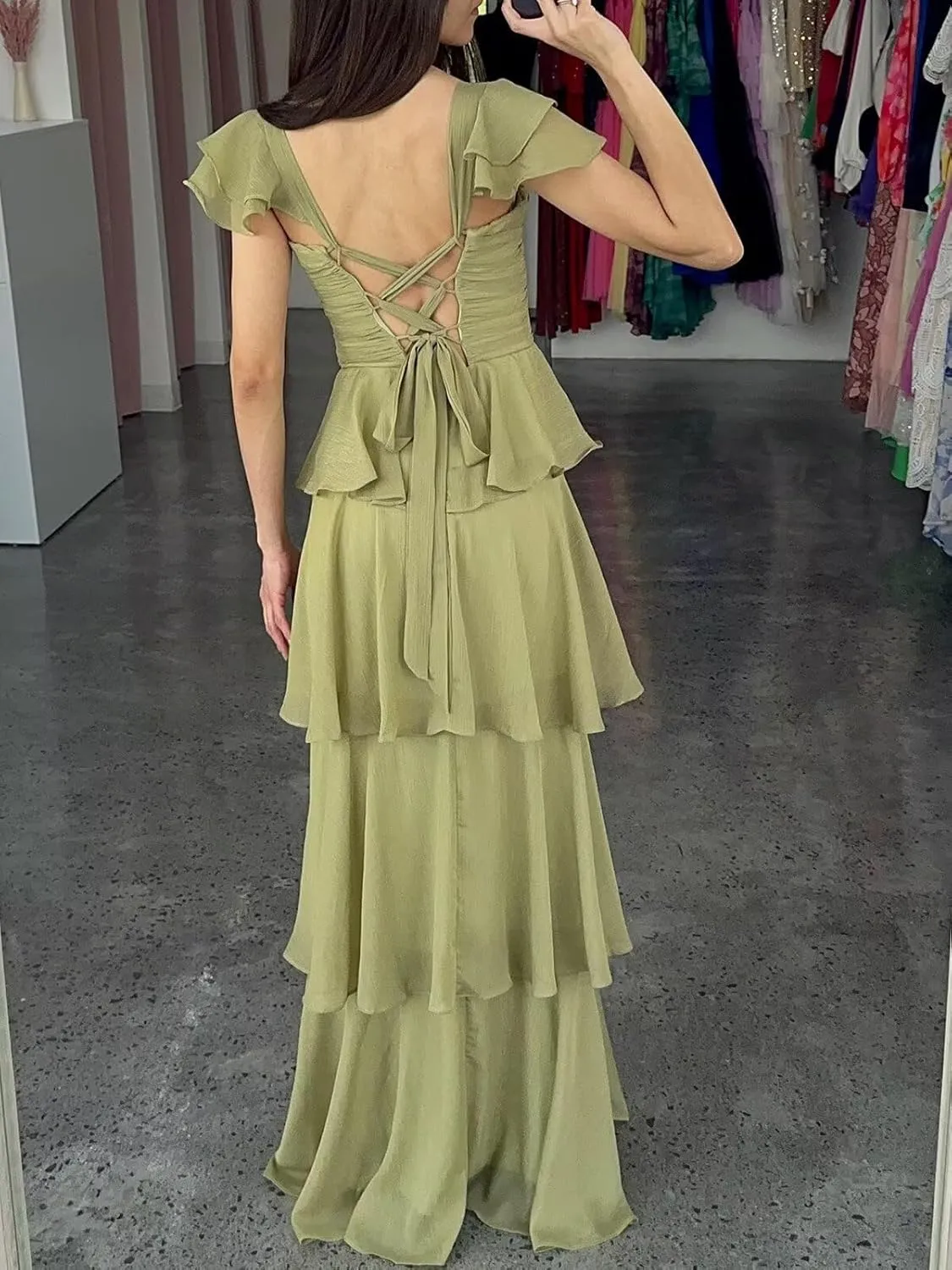 Women’s Ruffle Bridesmaid Dresses Long Chiffon Tiered Prom Dresses 2025 Pleated Flutter Sleeve Formal Evening Gown