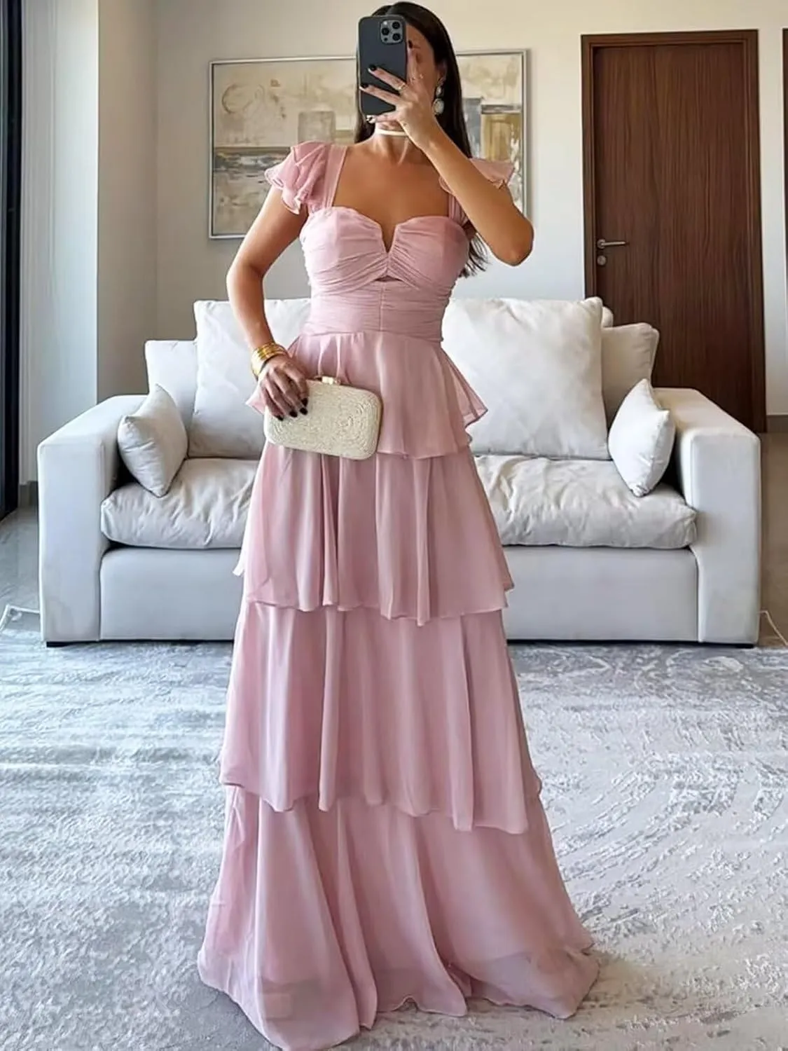 Women’s Ruffle Bridesmaid Dresses Long Chiffon Tiered Prom Dresses 2025 Pleated Flutter Sleeve Formal Evening Gown