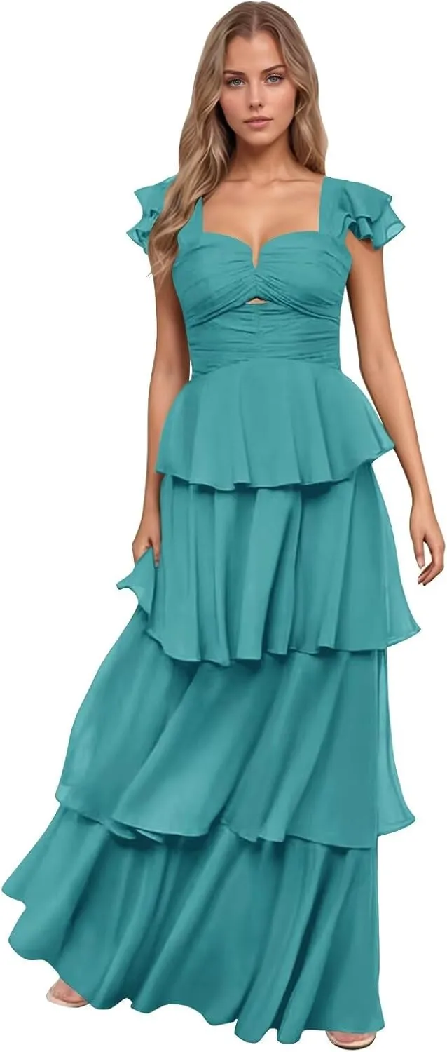 Women’s Ruffle Bridesmaid Dresses Long Chiffon Tiered Prom Dresses 2025 Pleated Flutter Sleeve Formal Evening Gown