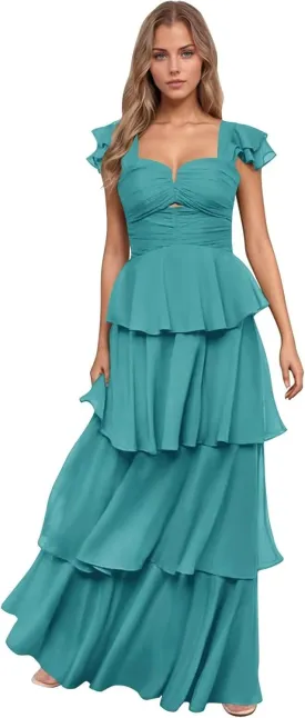Women’s Ruffle Bridesmaid Dresses Long Chiffon Tiered Prom Dresses 2025 Pleated Flutter Sleeve Formal Evening Gown