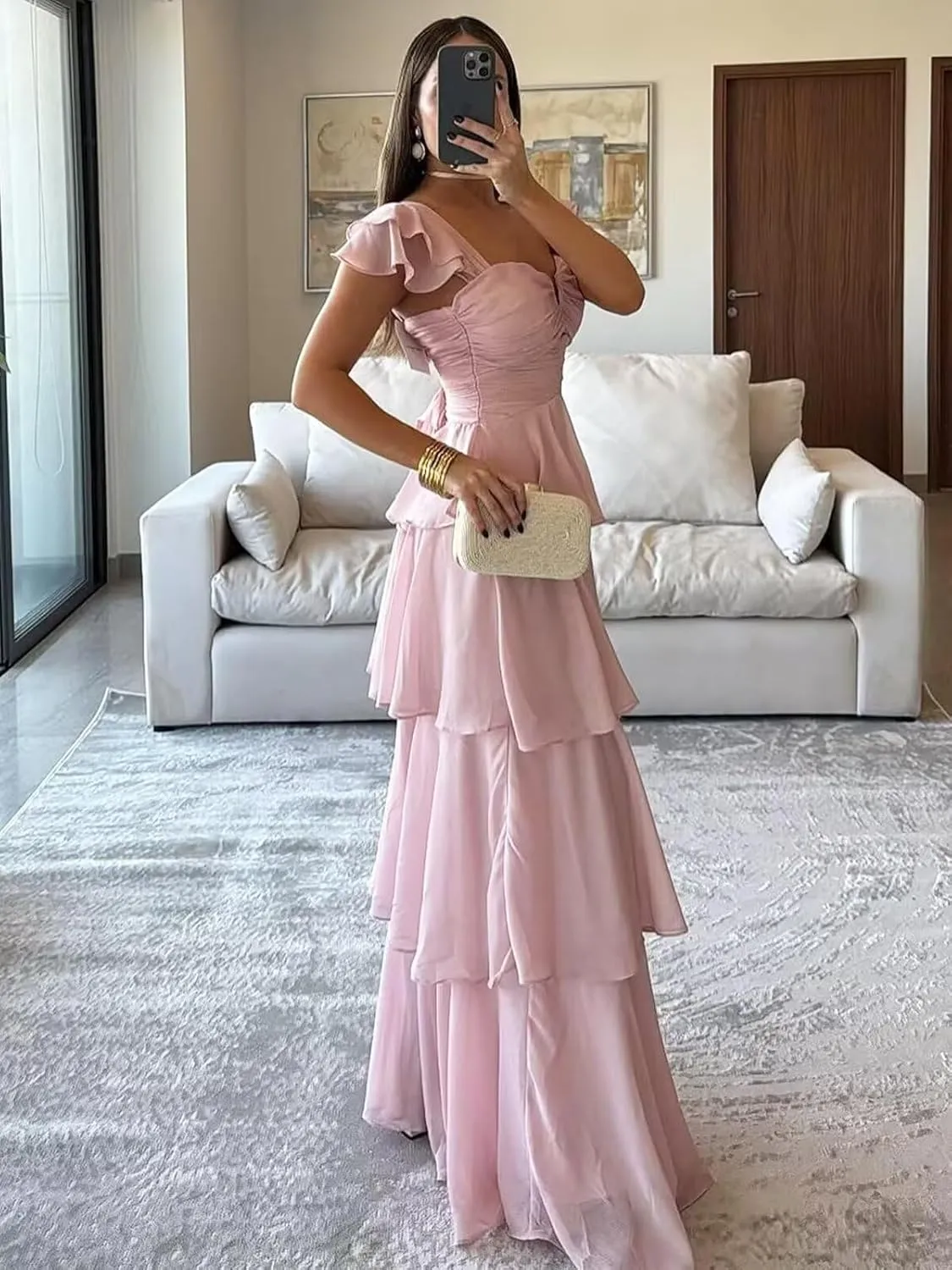 Women’s Ruffle Bridesmaid Dresses Long Chiffon Tiered Prom Dresses 2025 Pleated Flutter Sleeve Formal Evening Gown