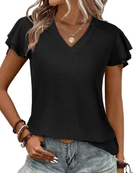 Womens Ruffle Sleeve Tops Summer Dressy Casual V Neck Tunics for Leggings Sleeveless Blouses Shirts