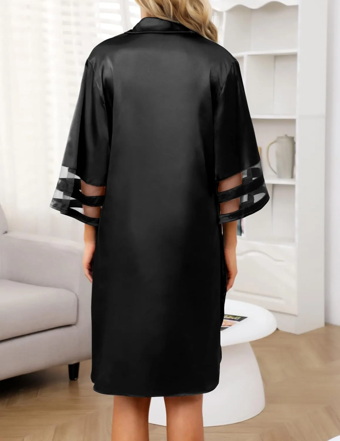 Women's Satin Nightgown Button Down 3/4 Sleeve Sleepwear Silk Night Gowns Nightshirt with Pocket