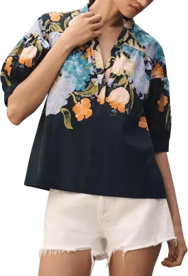 Womens Short Puff Sleeve Striped Blouses Top V Neck Loose Fit Casual Summer Work Blouses Striped Shirt