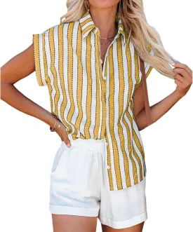 Womens Short Sleeve Striped Shirts Casual Button Down V Neck Lapel Work Blouses Summer Stylish Tops Beach Cover Ups