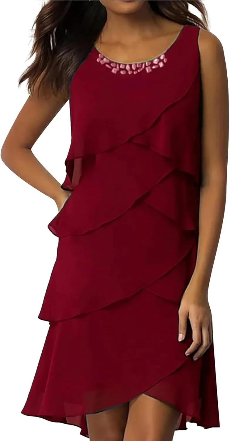 Women's Summer Dresses 2025 Elegance Round Neck Chiffon Ruffle Bodycon Cocktail Party Vacation Mini Dress for Women