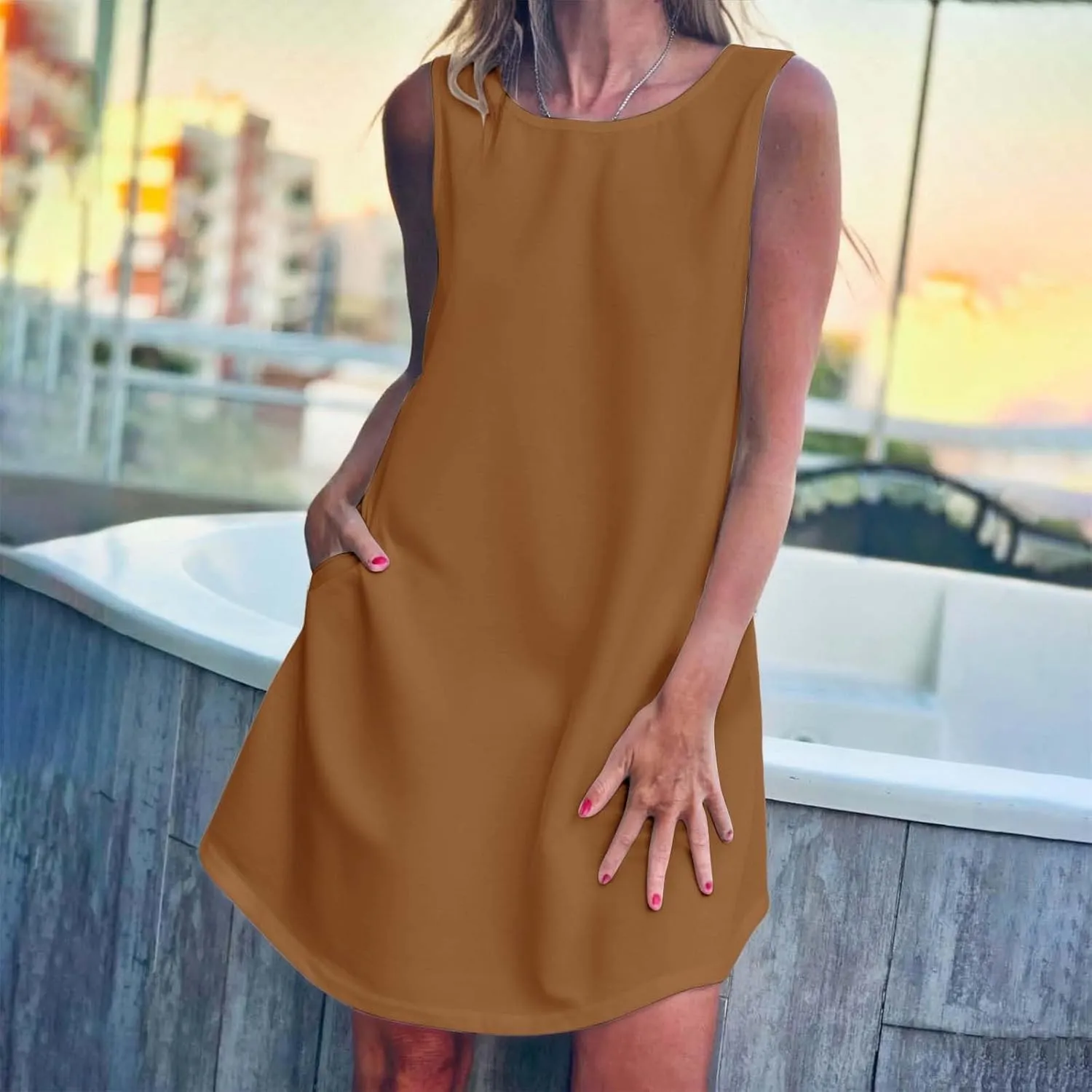 XOWRTE Women's A-Line Boat Neck Flowy Mini Dress Summer 2025 Going Out Party Club Vacation Sleeveless Tank Dresses Cuffless