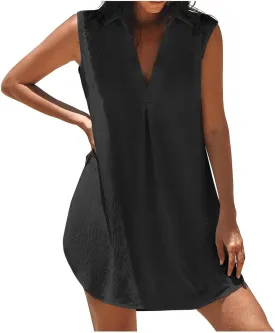XOWRTE Womens Casual Cotton Linen Mini Dress Summer Dresses Lapel V Neck Sleeveless Tank Dress Pleated Flowy Sundress 2025
