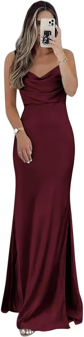 zcbang Bridesmaid Dresses for Wedding Satin Cowl Neck Long Formal Evening Gowns with Slit