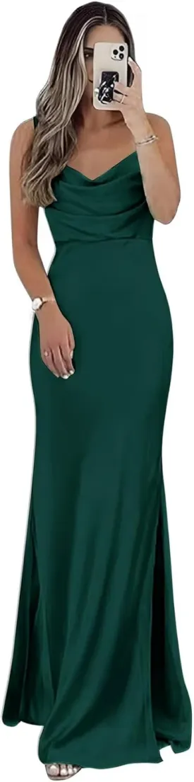 zcbang Bridesmaid Dresses for Wedding Satin Cowl Neck Long Formal Evening Gowns with Slit
