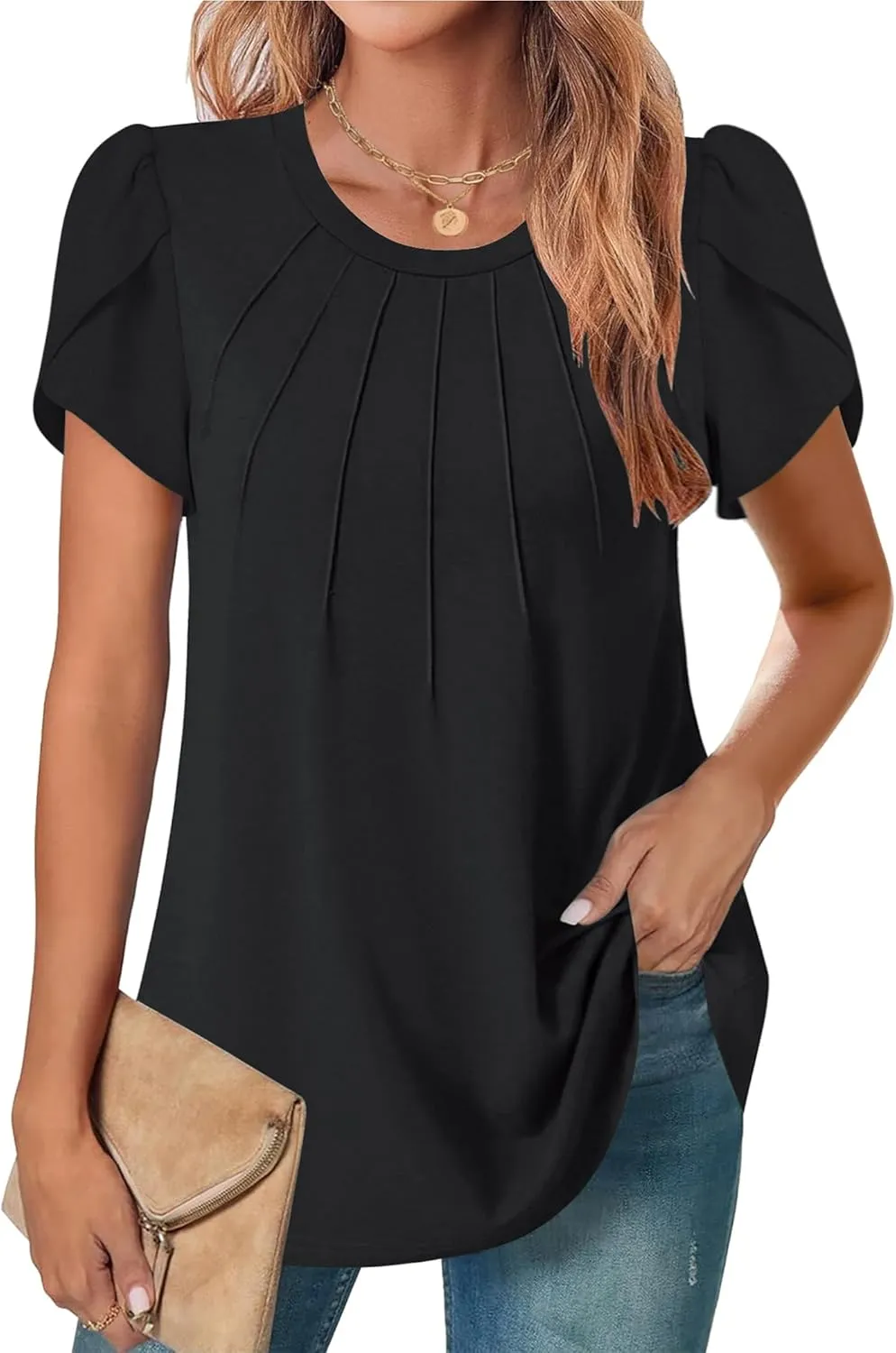 Zeagoo Womens Tops Petal Short Sleeve Summer Casual Dressy Shirts Floral Solid Blouse Pleated Tunics S-XXL