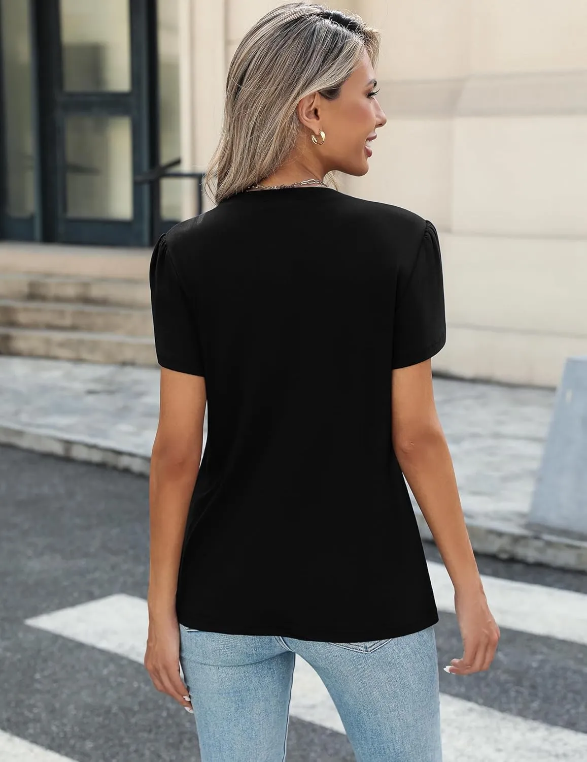 Zeagoo Womens Tops Petal Short Sleeve Summer Casual Dressy Shirts Floral Solid Blouse Pleated Tunics S-XXL