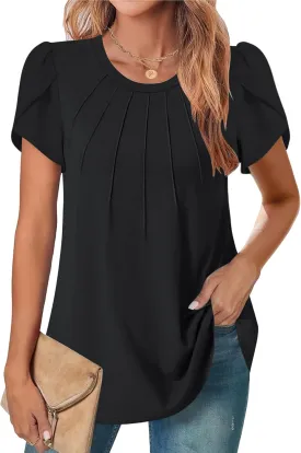 Zeagoo Womens Tops Petal Short Sleeve Summer Casual Dressy Shirts Floral Solid Blouse Pleated Tunics S-XXL